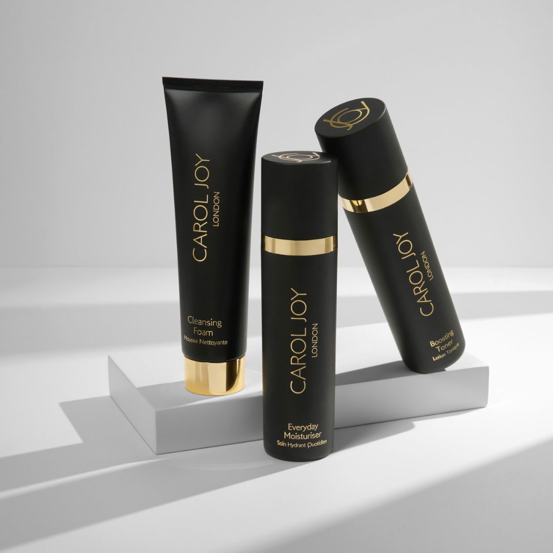 Trio of Carol Joy London products: Cleansing Foam, Everyday Moisturiser and Boosting Toner