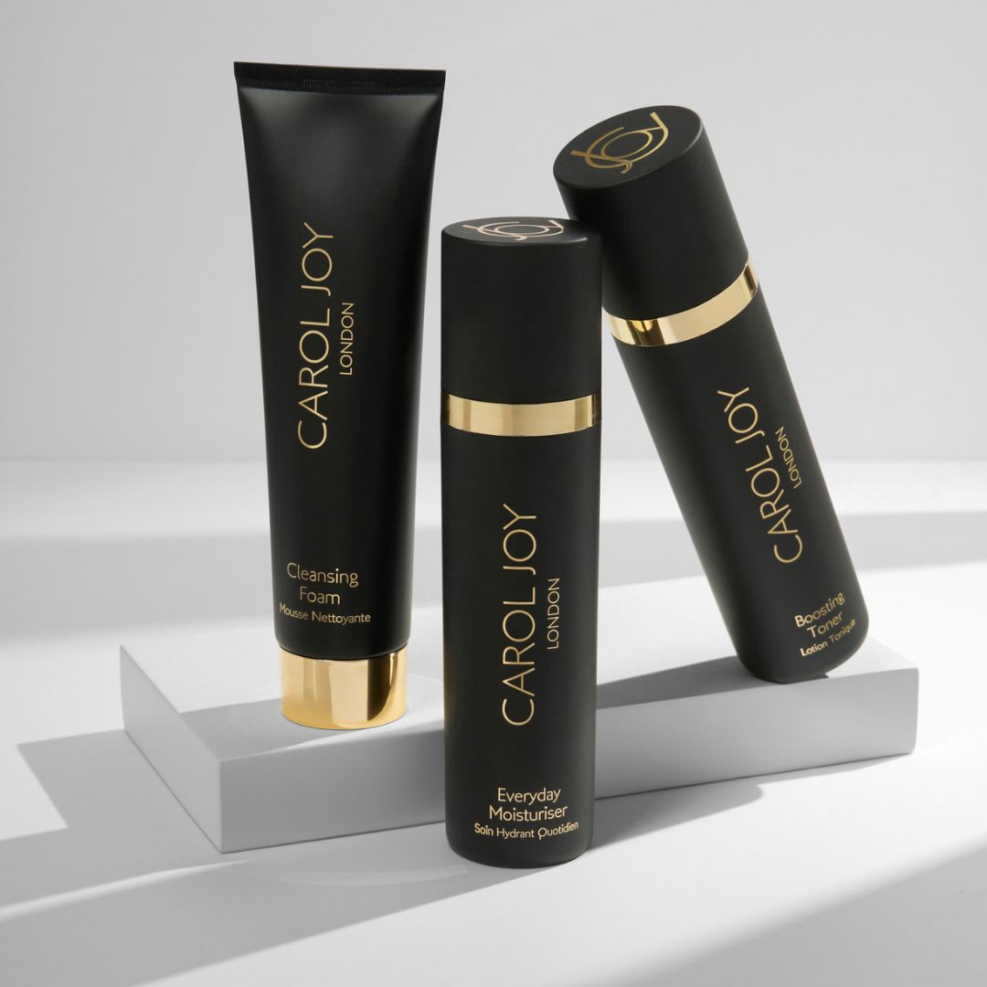 Trio of Carol Joy London products: Cleansing Foam, Everyday Moisturiser and Boosting Toner